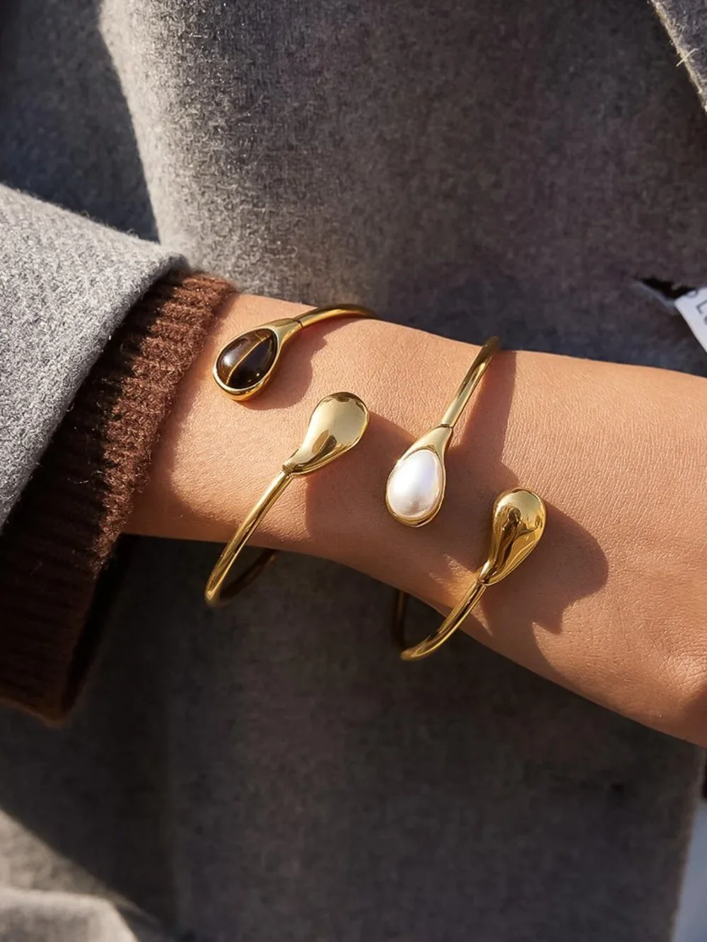 18k Gold Non-tarnish Open Cuff Stone Bracelet
